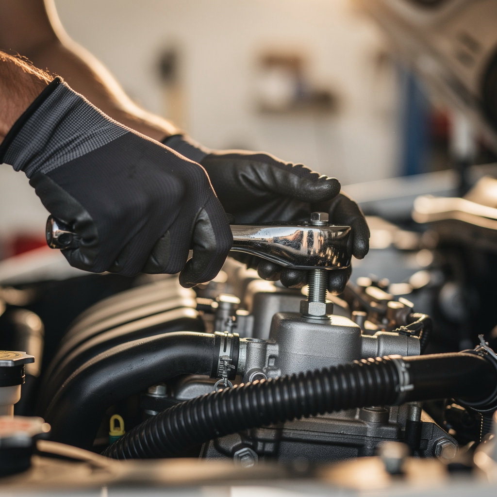 Econo Auto Center mechanic performing professional vehicle maintenance and inspection in Santa Barbara
